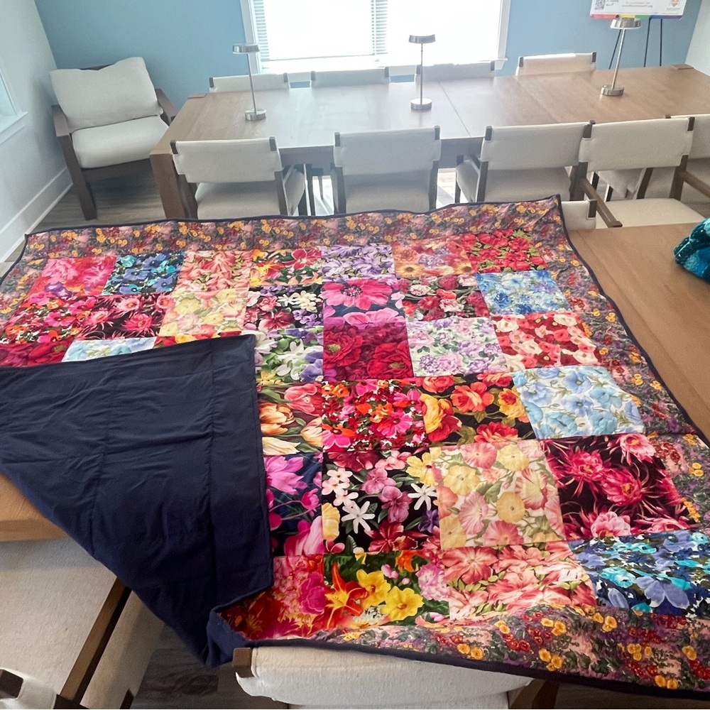 Vibrant Floral Patchwork Quilt with Navy Reverse